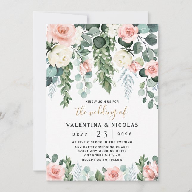 Invitation Jardin Floral rose pâle Rose Mariage d'aquarelle (Devant)