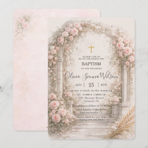 Invitation Jardin floral rose poudré blush baptême christenin