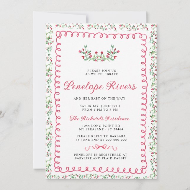 Invitation Jardin Floral Rouge Baby shower millénaire (Devant)