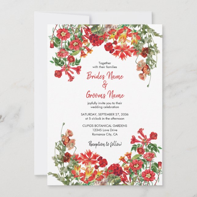 Invitation Jardin Floral Rouge Mariage de fleurs botaniques (Devant)