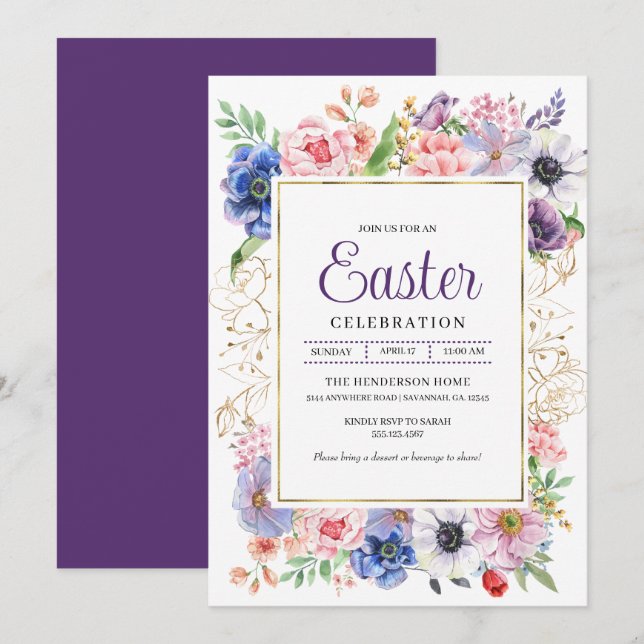 Invitation Jardin Floral Violet Fête de Pâques (Devant / Derrière)