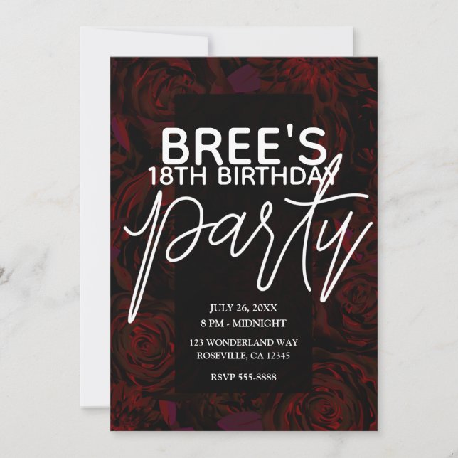 Invitation Jardin foncé Rouge Fleurs romantiques Glam Anniver (Devant)