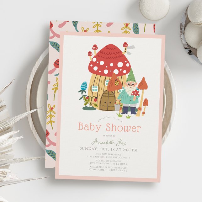 Invitation Jardin Gnome Champignons Baby shower fille rose (Créateur téléchargé)