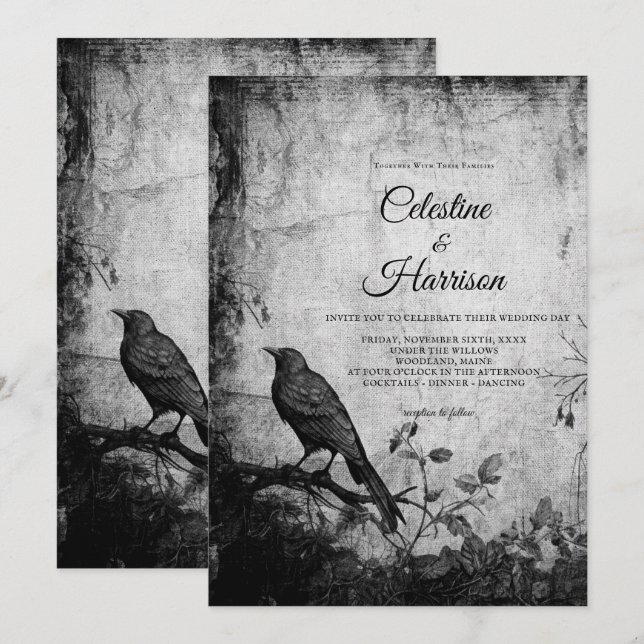 Invitation Jardin gothique Mariage noir corbeau (Devant / Derrière)
