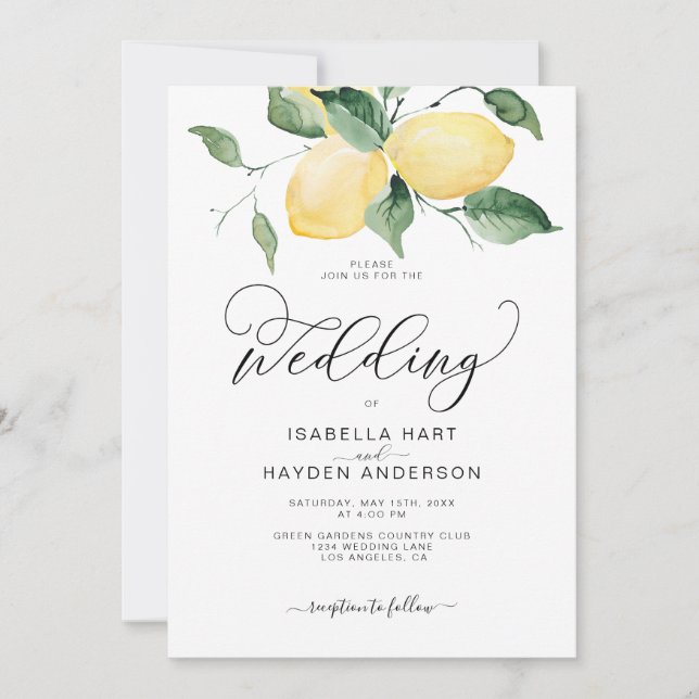 Invitation Jardin jaune citron Mariage botanique d'été (Devant)