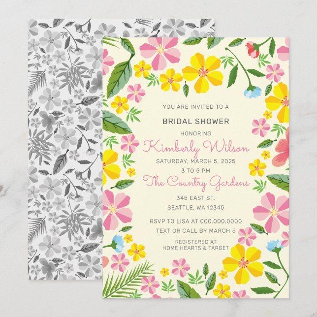 Invitation Jardin jaune et rose Fête des mariées florale (Devant / Derrière)