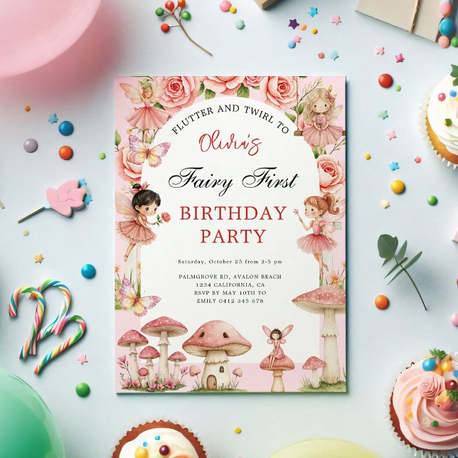 Invitation Jardin magique Fées roses Premier 1er anniversaire (Magical Garden Pink Fairies First Birthday Invitation – Watercolor Floral 1st Birthday Party Invite)