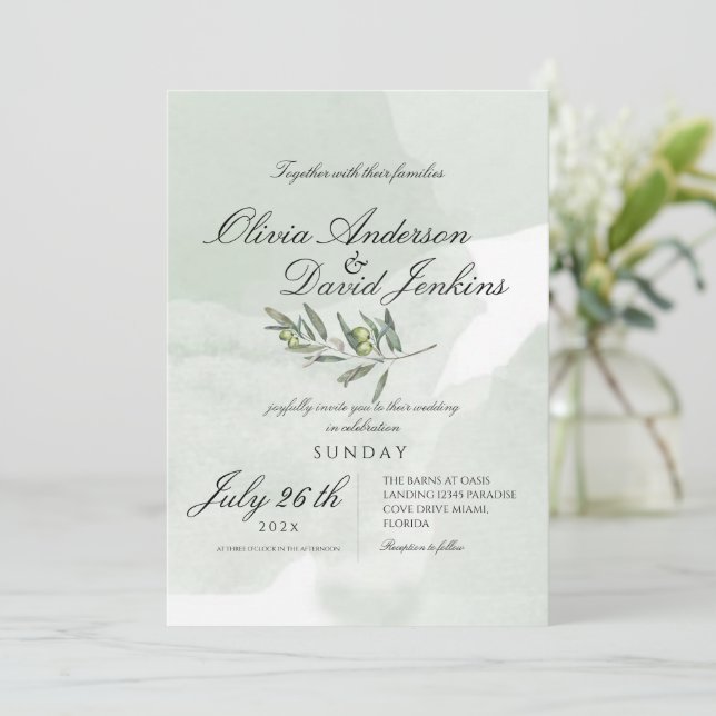 Invitation Jardin Mariage italien Script Aquarelle Olive (Debout devant)