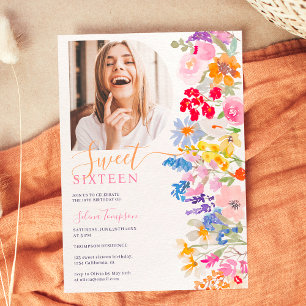 Invitation Jardin moderne script fleur sauvage Sweet 16