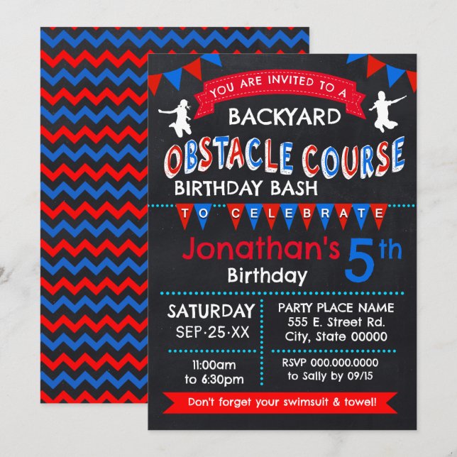 Invitation Jardin Obstacle Course Anniversaire Bash (Devant / Derrière)