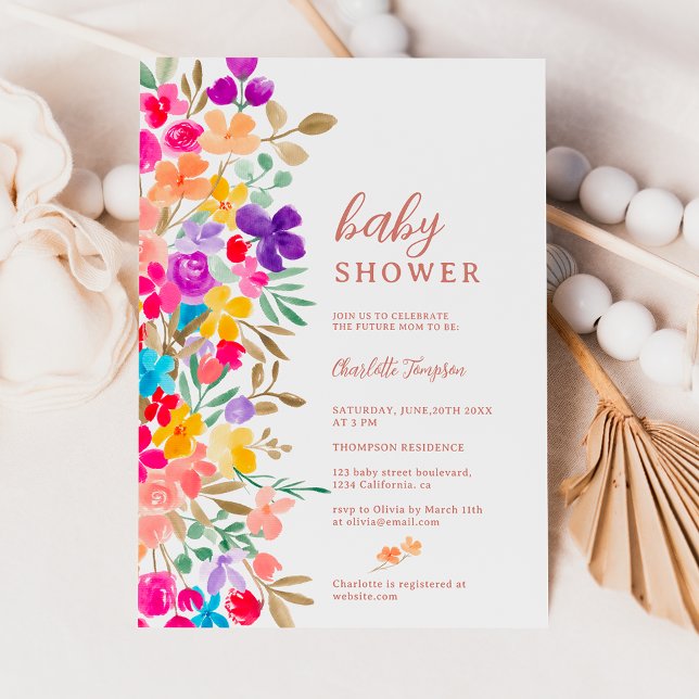 Invitation Jardin peint fleur sauvage baby shower de prairie (Painted garden wildflowers meadow baby shower invitation)