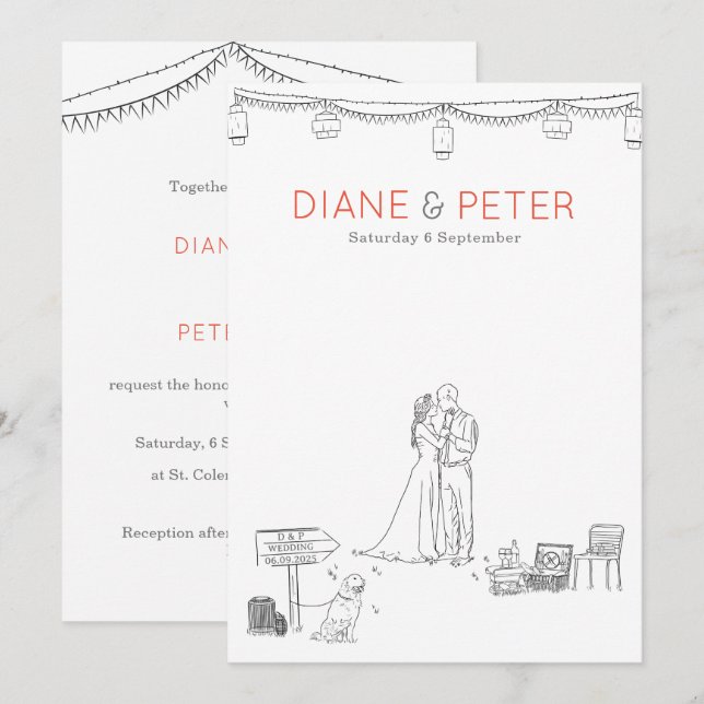 Invitation Jardin Pique-nique minimaliste Mariage noir et bla (Devant / Derrière)