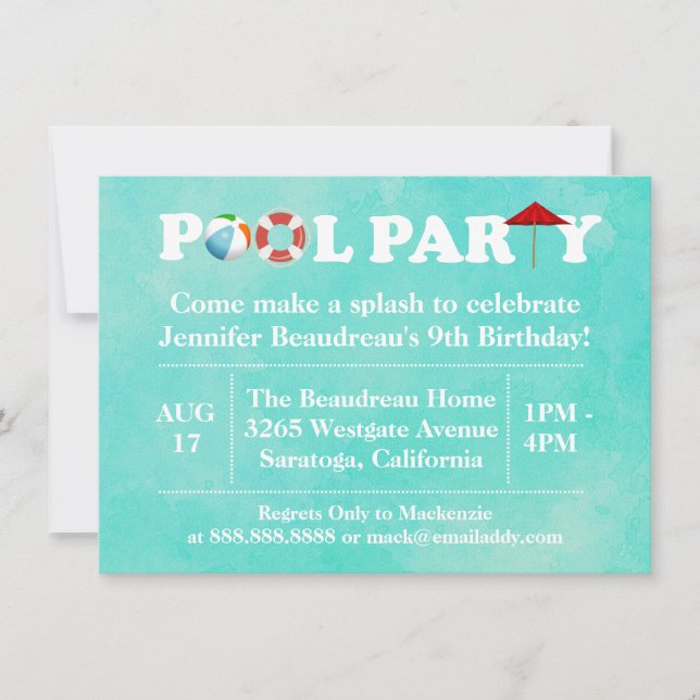 Invitation Jardin Piscine extérieure Fête d'anniversaire (Devant)