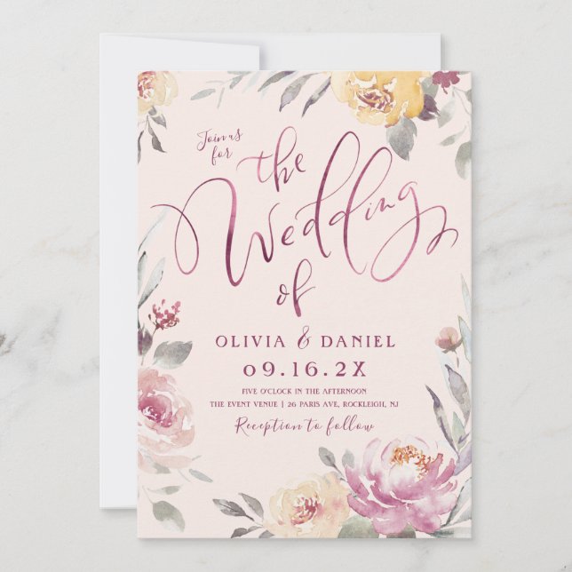 Invitation Jardin romantique aquarelle mariage floral (Devant)