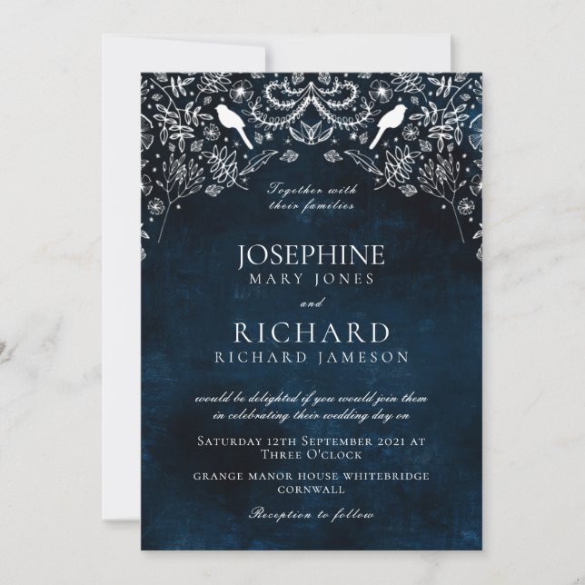 Invitation Jardin romantique bleu et blanc Secret (Devant)