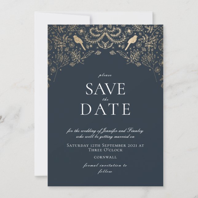 Invitation Jardin romantique bleu et or secret (Devant)