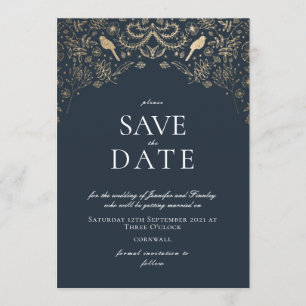 Invitation Jardin romantique bleu et or secret
