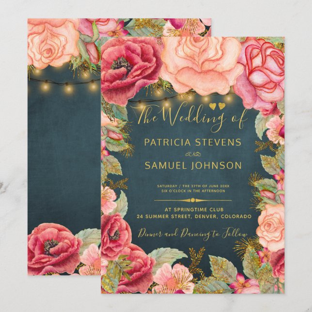 Invitation Jardin romantique bleu marine doré mariage (Devant / Derrière)