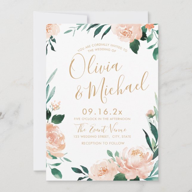 Invitation Jardin romantique pêche aquarelle mariage floral (Devant)