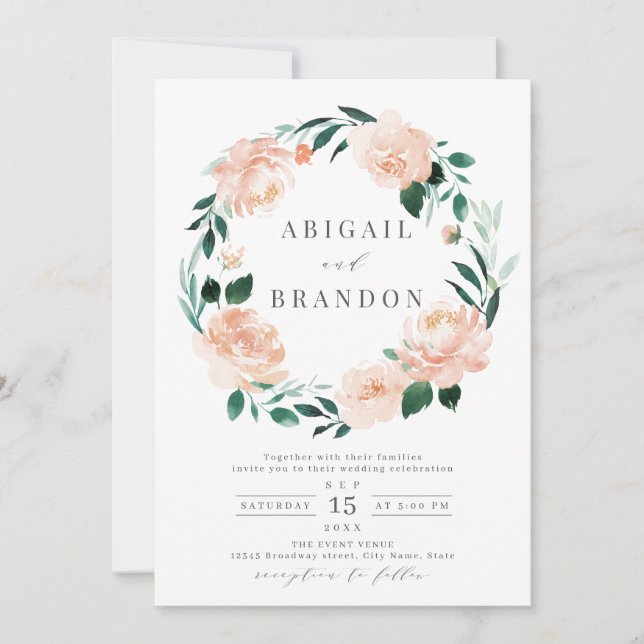 Invitation Jardin romantique pêche aquarelle mariage floral d (Devant)