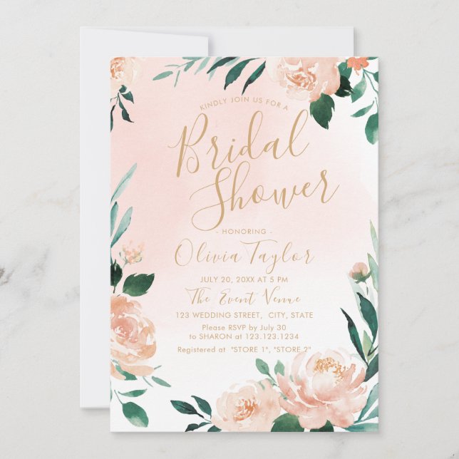 Invitation Jardin romantique pêche Fête des mariées florale (Devant)