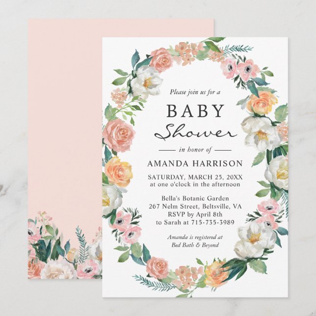 Invitation Jardin rose blanc Pêche Baby shower de couronne fl (Devant / Derrière)