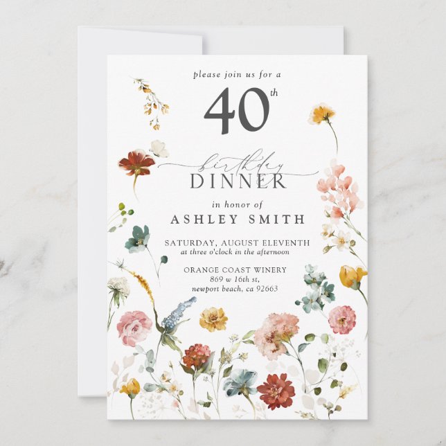 Invitation Jardin rose Calligraphie florale 40e anniversaire (Devant)