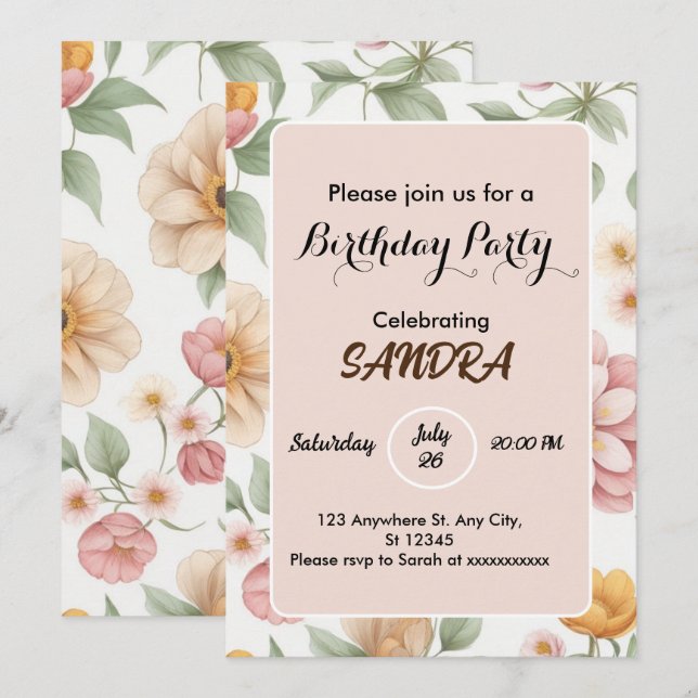Invitation Jardin rose clair chic Floral Anniversaire (Devant / Derrière)