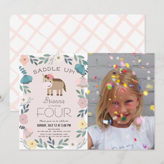 Invitation Jardin rose Floral Horse Girl Photo Anniversaire (Devant / Derrière)