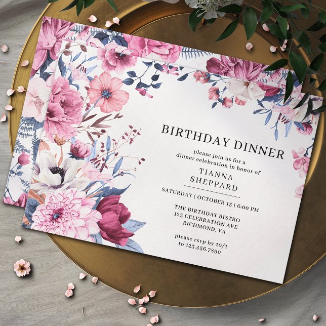 Invitation Jardin rose pâle | Élégant dîner d'anniversaire fl (Créateur téléchargé)