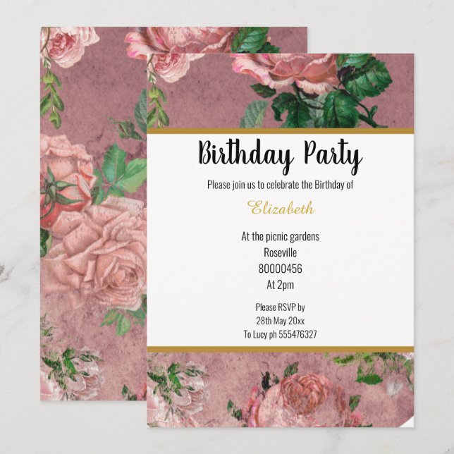 INVITATION JARDIN ROSE ROSE ROSE ÉLÉGANT ANNIVERSAIRE FLORAL (Devant / Derrière)