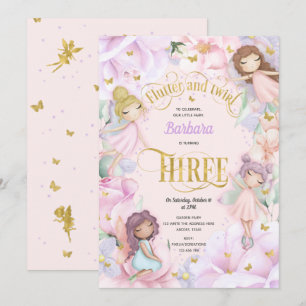 Invitation Jardin rose violet enchanté fée, 3ème anniversaire