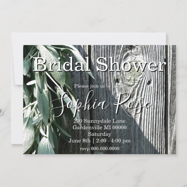 Invitation Jardin rustique grange bois et sauge Douche nuptia (Devant)