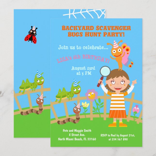 Invitation Jardin scavenger bugs chasse fête d'anniversaire (Devant / Derrière)