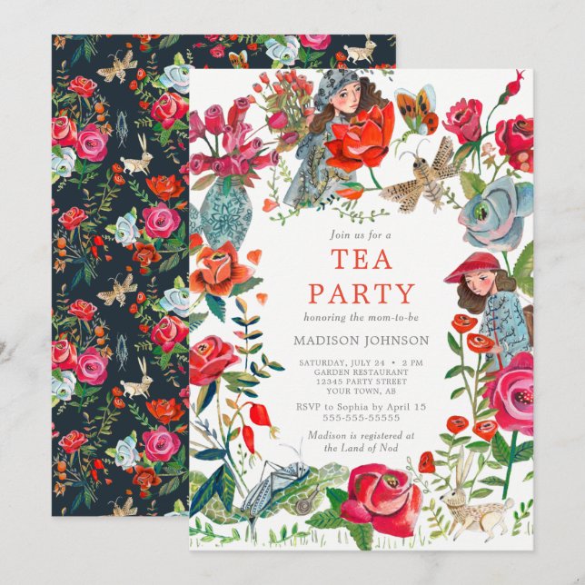 Invitation Jardin secret Roses & insectes baby shower (Devant / Derrière)