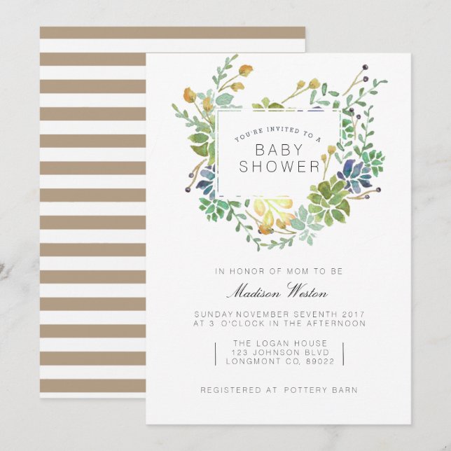 Invitation Jardin Succulent | Baby shower d'aquarelle florale (Devant / Derrière)
