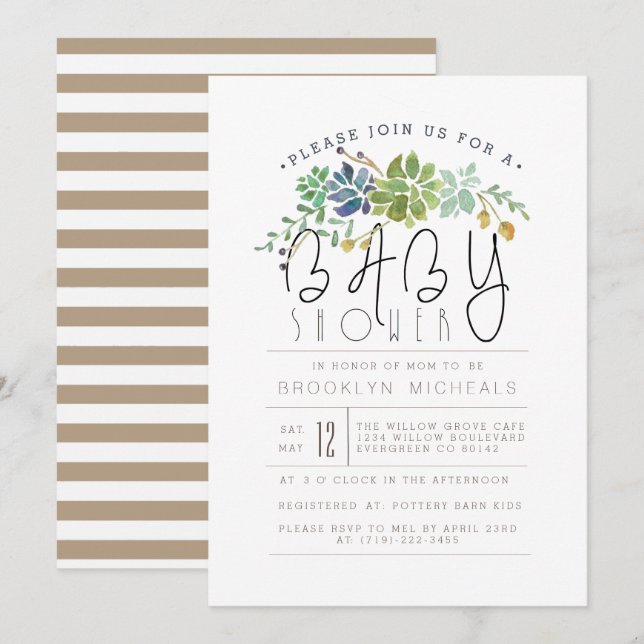 Invitation Jardin Succulent Chic | Baby shower aquarelle (Devant / Derrière)