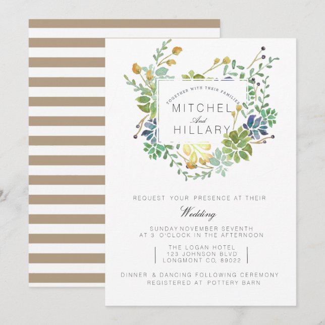 Invitation Jardin Succulent | Mariage d'aquarelle florale (Devant / Derrière)