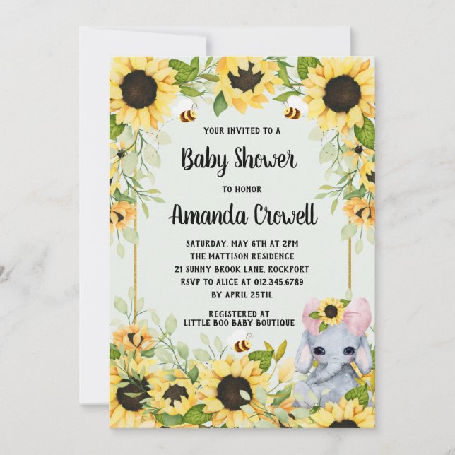 Invitation Jardin Sunflowers Elephant Girl Baby shower (Devant)