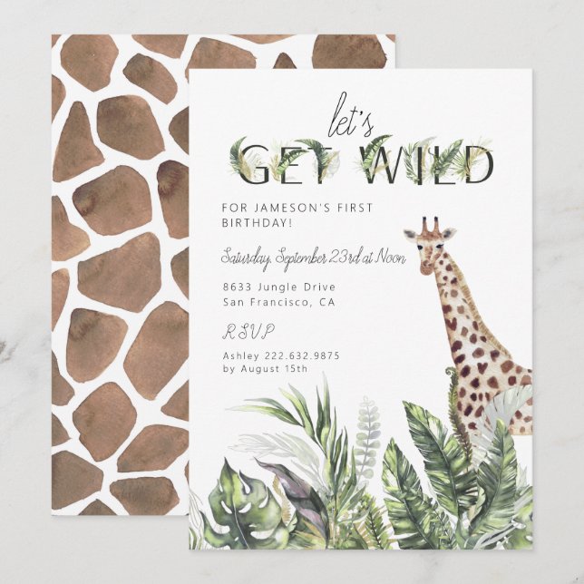 Invitation Jardin vert moderne | Anniversaire de la Giraffe (Devant / Derrière)