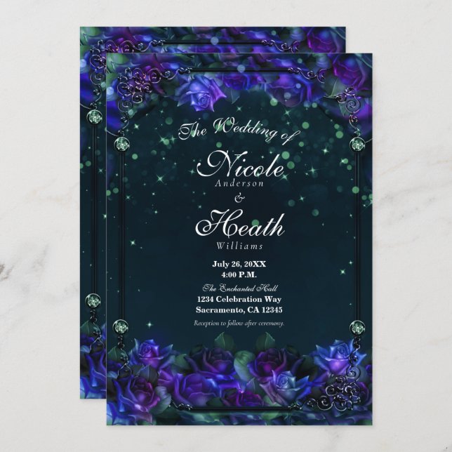 Invitation Jardin vert violet enchanté Mariage Rose (Devant / Derrière)