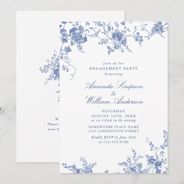 Invitation Jardin victorien Bleu Français ENGAGEMENT PARTY (Devant / Derrière)