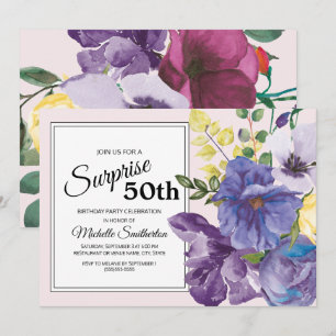 Invitation Jardin Violet Jaune Rose Floral 50e Anniversaire