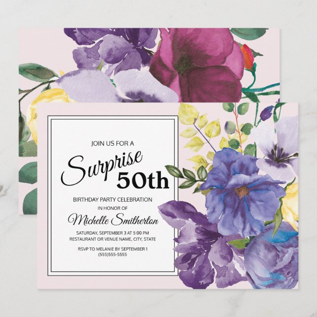 Invitation Jardin violet rose jaune Floral 50e anniversaire (Devant / Derrière)