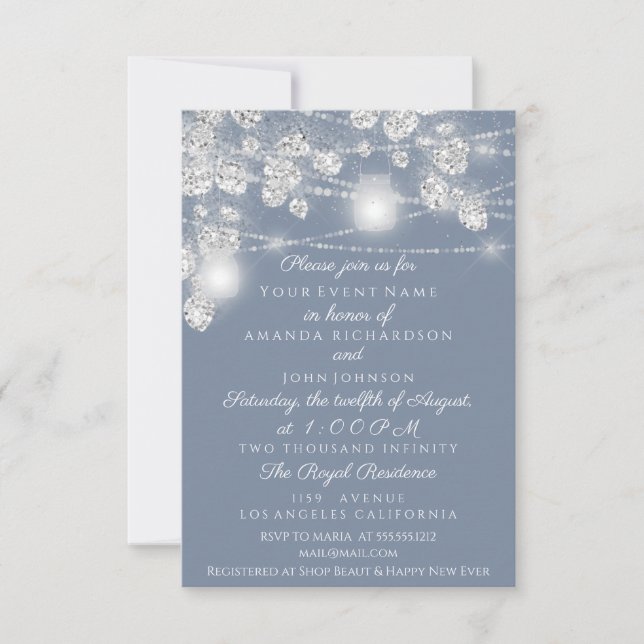 Invitation Jars de lumières de mariage gris pailleté bleu fum (Devant)