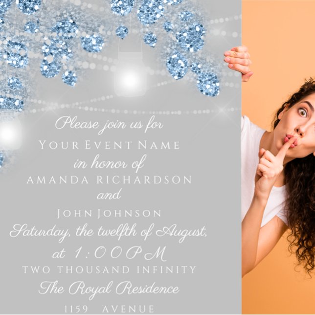 Invitation Jars de lumières de mariage Rustique Paillettes Bl (Wedding Lights Jars Rustic Glitter Blue Gray Invitation)