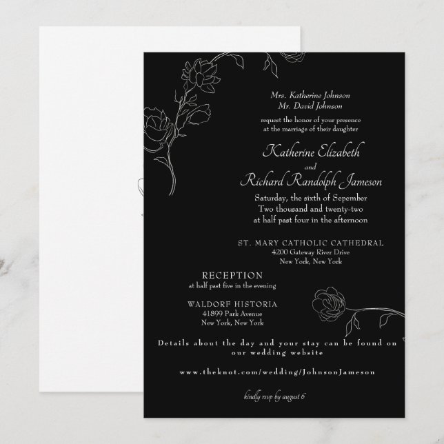 Invitation Jasmine Outline Noir Mariage de site Web officiel (Devant / Derrière)