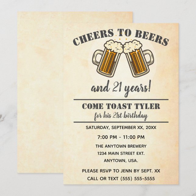 Invitation Jaune à la bière fête de 21e anniversaire (Devant / Derrière)