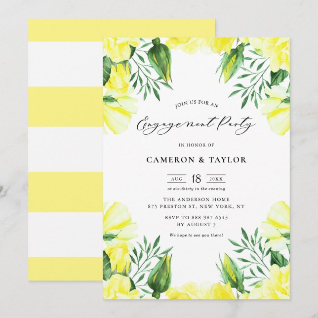 Invitation Jaune Aquarelle Roses Garland Engagement Party (Devant / Derrière)