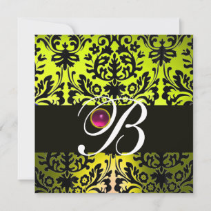 Invitation JAUNE BLACK DAMASK MONOGRAM ROSE PURPLE Améthyste